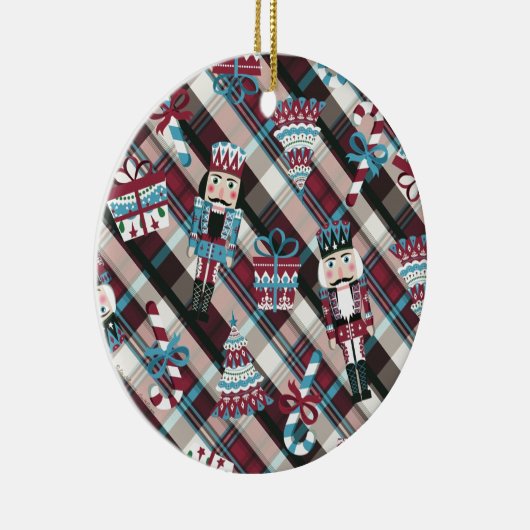 Christmas Nutcracker Kariert Blue Burgund Keramikornament (Rechts)