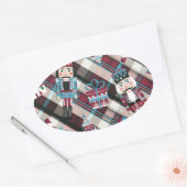 Christmas Nutcracker Kariert Blue Burgund Ovaler Aufkleber (Umschlag)