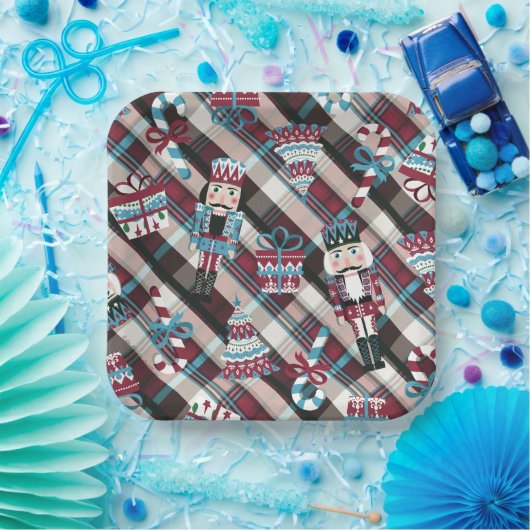 Christmas Nutcracker Kariert Blue Burgund Pappteller (Party)