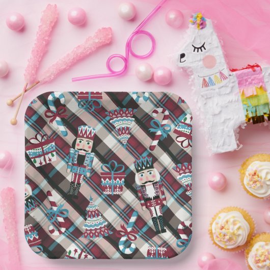 Christmas Nutcracker Kariert Blue Burgund Pappteller (Party)