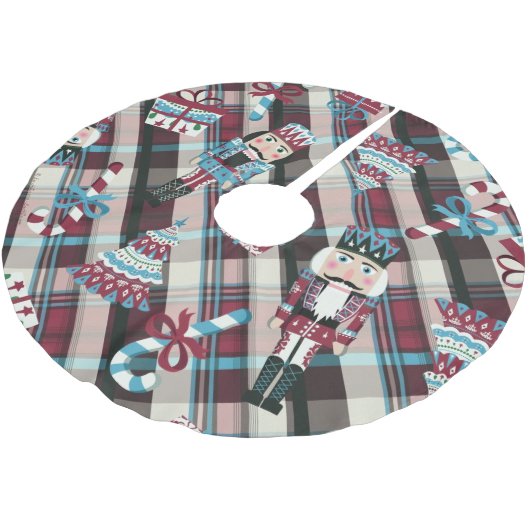 Christmas Nutcracker Kariert Blue Burgund Polyester Weihnachtsbaumdecke (Schrägansicht)