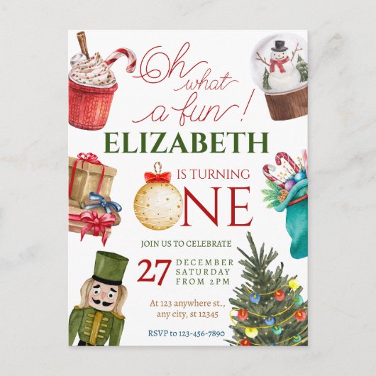 Christmas Oh What Fun First Birthday Postkarte (Vorderseite)