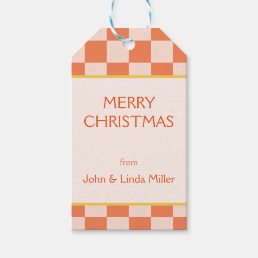 Christmas Orange Retro Schachbrett Pattern Geschenkanhänger (Vorderseite)