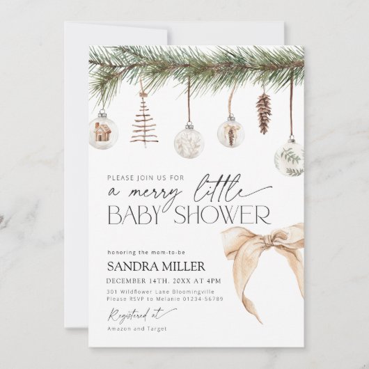 Christmas Ornaments and Neutral Bow Baby Shower Einladung (Vorderseite)