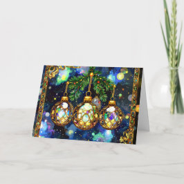 Christmas ornaments hanging from the tree branches feiertagskarte