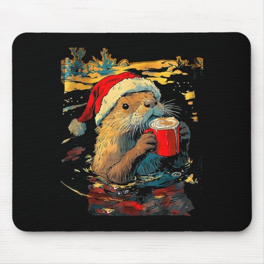Christmas Otter Drinks Coffee Art Print  Mousepad (Vorne)