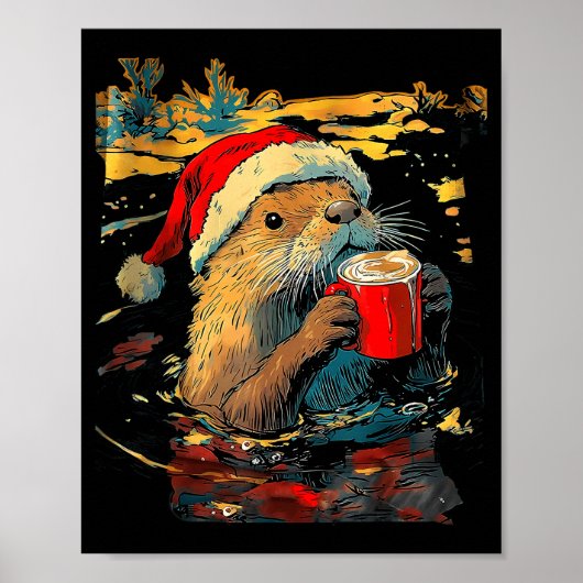 Christmas Otter Drinks Coffee Art Print Poster (Vorne)
