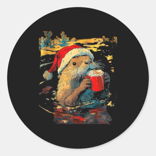 Christmas Otter Drinks Coffee Art Print  Runder Aufkleber (Vorderseite)