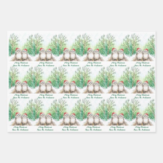 Christmas Owl Wrapping Paper Flat Sheet Set of 3 Geschenkpapier Set (Vorderseite)