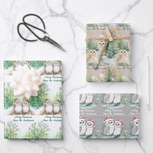 Christmas Owl Wrapping Paper Flat Sheet Set of 3 Geschenkpapier Set (Vorderseite)