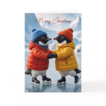 Christmas Pair of Penguins Ice Skating 