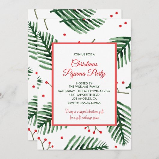 Christmas Pajama Party Slumber Elegante Evergreen Einladung (Vorne/Hinten)
