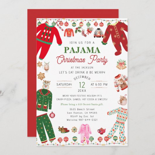 Christmas Pajama Party Watercolor Moderne Einladung (Vorne/Hinten)