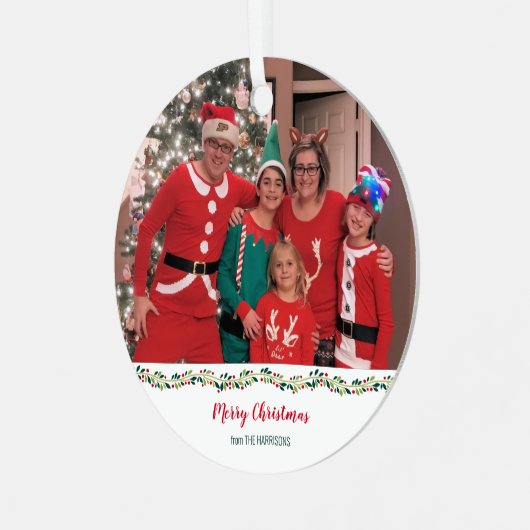 Christmas Pajamas Challenge Family Foto Ornament Aus Metall (Vorderseite links)