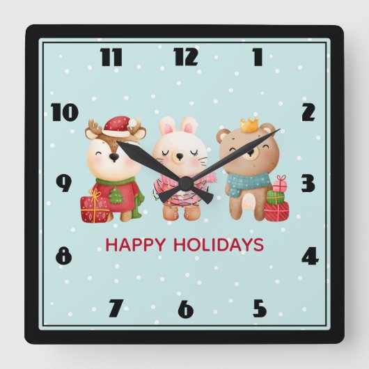 Christmas Pals - Reindeer Bear & Rabbit Quadratische Wanduhr (Vorderseite)