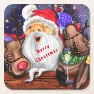 Christmas Paper Coaster Santa and Reindeers Cheers Rechteckiger Pappuntersetzer