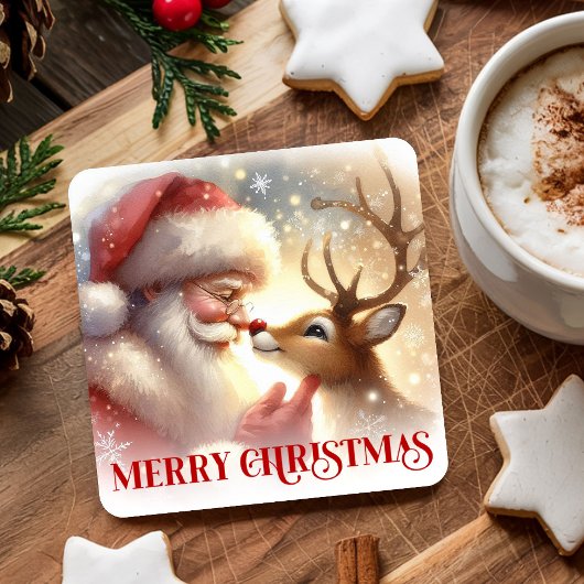Christmas Paper Coasters Santa Claus and Rudolph Rechteckiger Pappuntersetzer