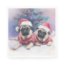  Christmas Paper Napkin with two adorable pugs