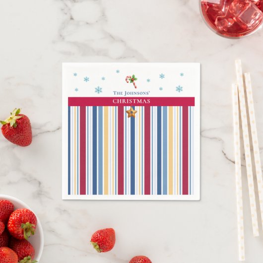 Christmas Paper Napkins – Blue, Red & Gold Stripes Serviette (Beispiel)