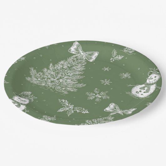 Christmas paper plate green toile pappteller (Schrägansicht)