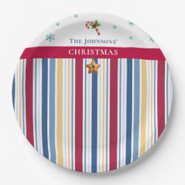 Christmas Paper Plates – Blue, Red & Gold Stripes Pappteller