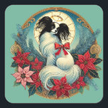 Christmas Papillon Quadratischer Aufkleber<br><div class="desc">Feiern Sie die Urlaubssaison mit einem Weihnachtsfest Papillon, der charmanten Schmetterlingshundrasse, die für ihre eleganten Ohren und ihre lebhafte Persönlichkeit bekannt ist. Ob Sie Retro oder Vintage Feriendekoration mit Papillons suchen oder eine festliche Weihnachtsfeier planen, diese kleinen Hunde bringen Freude und Wärme in jede Ansammlung. Lassen Sie sich von der...</div>