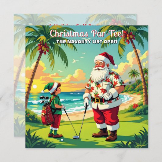 Christmas Par-Tee Fun Tropical Golf Santa Party SQ Einladung (Vorne/Hinten)