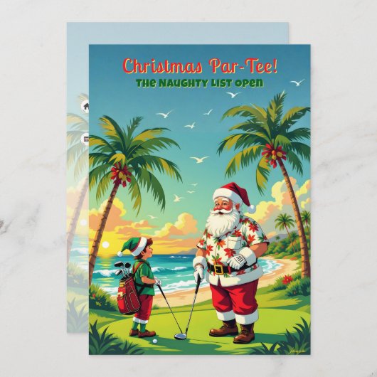 Christmas Par-Tee Funny Tropical Golf Santa Party Einladung (Vorne/Hinten)