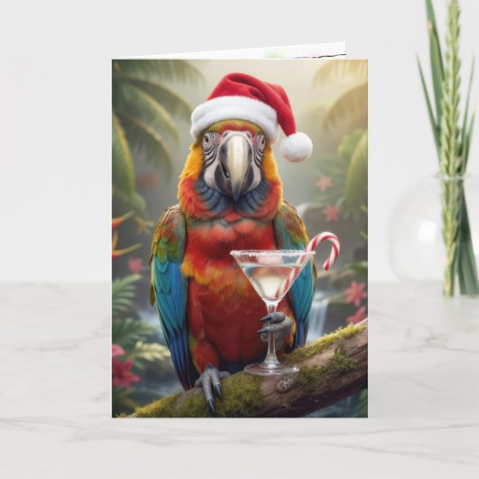 Christmas Parrot Holding a Martini Cocktail Karte (Vorderseite)