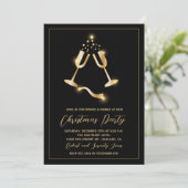 Christmas Party Black Gold Champagne Einladung (Stehend Vorderseite)