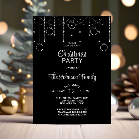 CHRISTMAS PARTY Black Silver Glitzer Stars Einladung