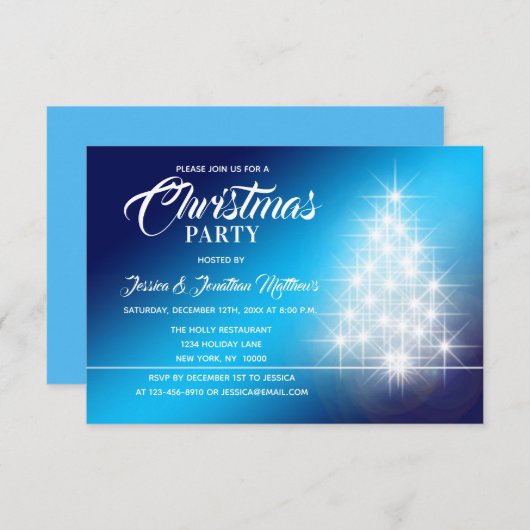CHRISTMAS PARTY Blauer Weiße Twinkle Lichter Baum Einladung (Vorne/Hinten)