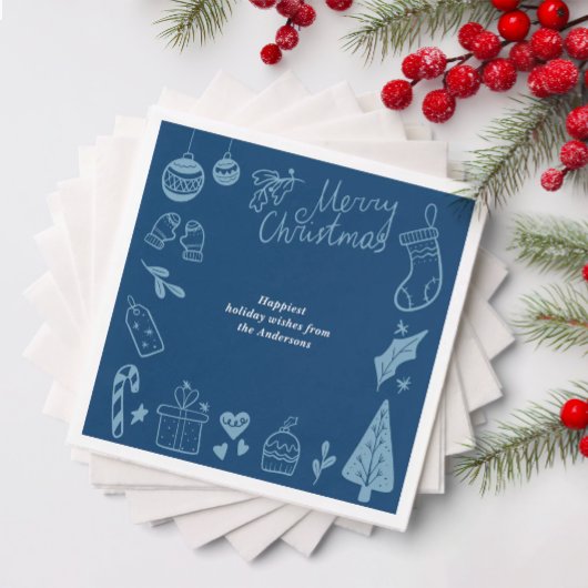 Christmas Party Blue Hand Drawn Doodles Festive Serviette