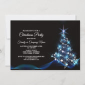 Christmas Party Blue Shiny Tree Black Elegante Einladung (Vorderseite)