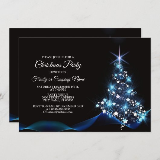 Christmas Party Blue Shiny Tree Black Elegante Einladung (Vorne/Hinten)
