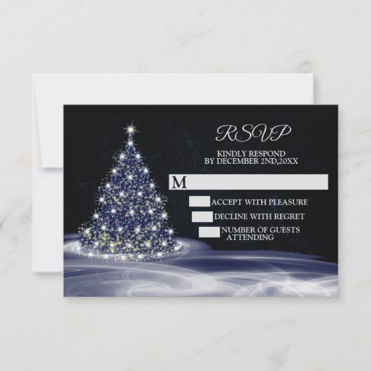 Christmas Party Blue Shiny Tree Winter Navy RSVP Karte (Vorderseite)