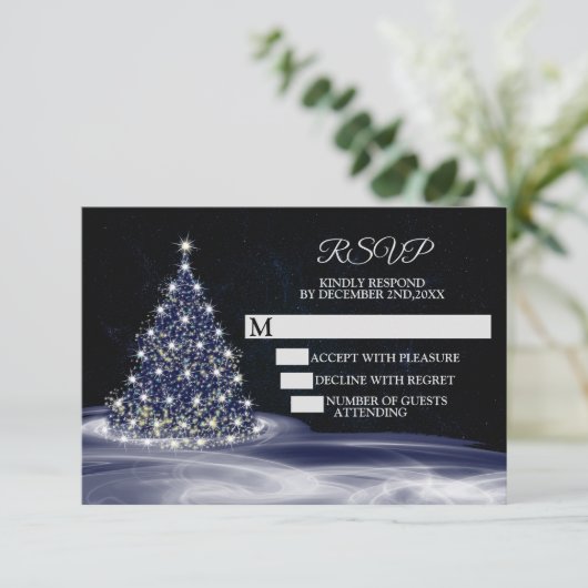 Christmas Party Blue Shiny Tree Winter Navy RSVP Karte (Stehend Vorderseite)