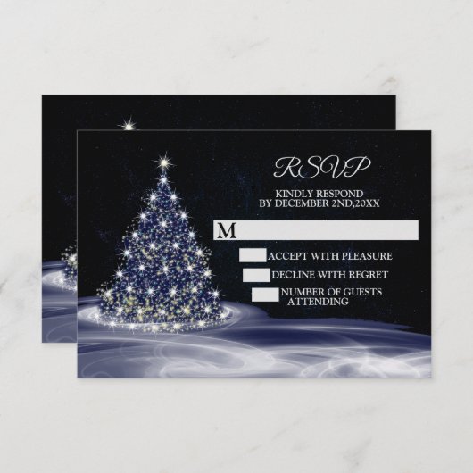 Christmas Party Blue Shiny Tree Winter Navy RSVP Karte (Vorne/Hinten)