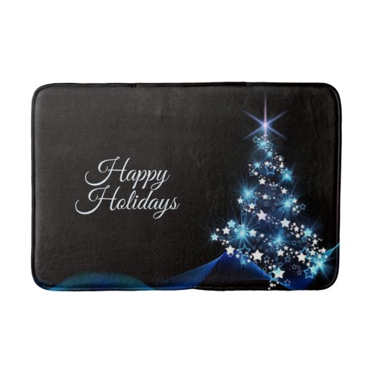 Christmas Party Blue Tree Shiny Black Elegant Badematte (Vorderseite)