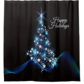 Christmas Party Blue Tree Shiny Black Elegant Duschvorhang (Vorderseite)