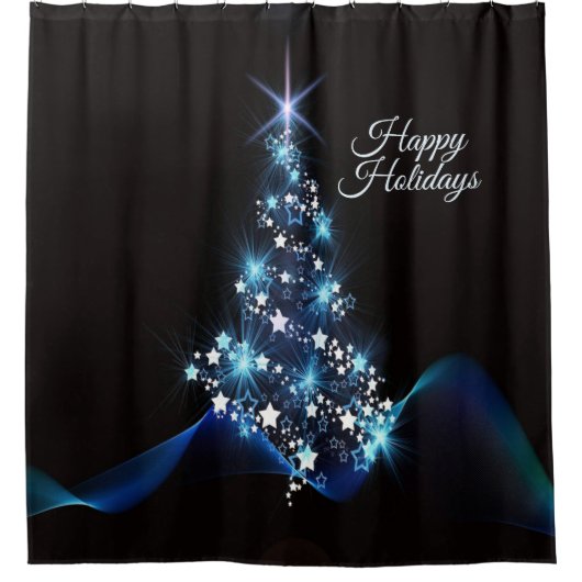 Christmas Party Blue Tree Shiny Black Elegant Duschvorhang (Vorderseite)