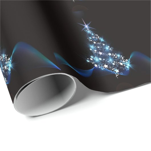 Christmas Party Blue Tree Shiny Black Elegant Geschenkpapier (Rolleneckpunkt)