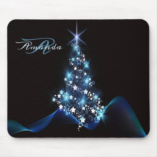 Christmas Party Blue Tree Shiny Black Elegant Mousepad (Vorne)