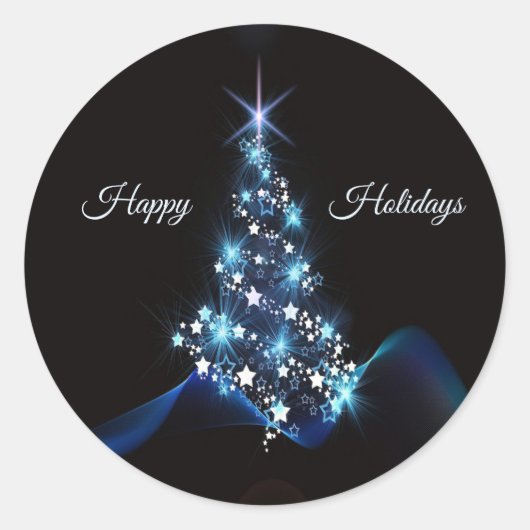 Christmas Party Blue Tree Shiny Black Elegant Runder Aufkleber (Vorderseite)