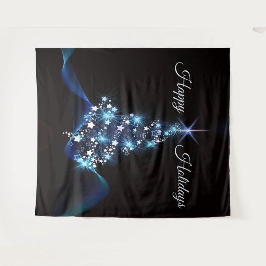 Christmas Party Blue Tree Shiny Black Elegant Wandteppich (Vorderseite (Horizontal))