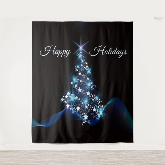 Christmas Party Blue Tree Shiny Black Elegant Wandteppich (Vorderseite)