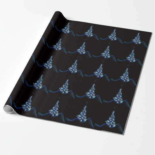 Christmas Party Blue Tree Shiny Black Elegante Geschenkpapier (Ungerollt)