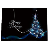 Christmas Party Blue Tree Shiny Black Elegante Große Geschenktüte (Vorderseite)