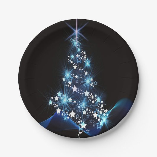 Christmas Party Blue Tree Shiny Black Elegante Pappteller (Vorderseite)
