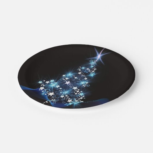 Christmas Party Blue Tree Shiny Black Elegante Pappteller (Schrägansicht)